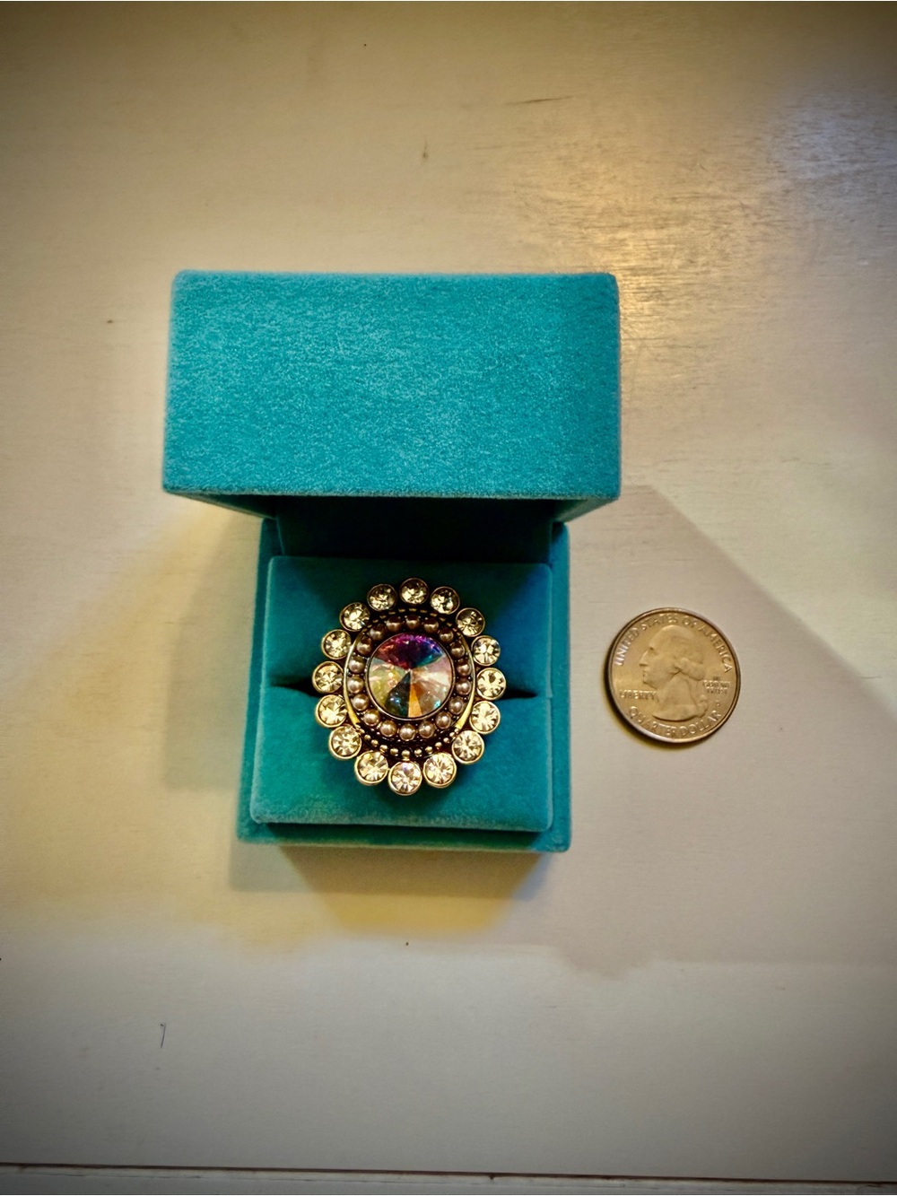 Kurt Geiger Stunning Antique Gold-Tone Halo Ring with Iridescent Center - Picture 4 of 10